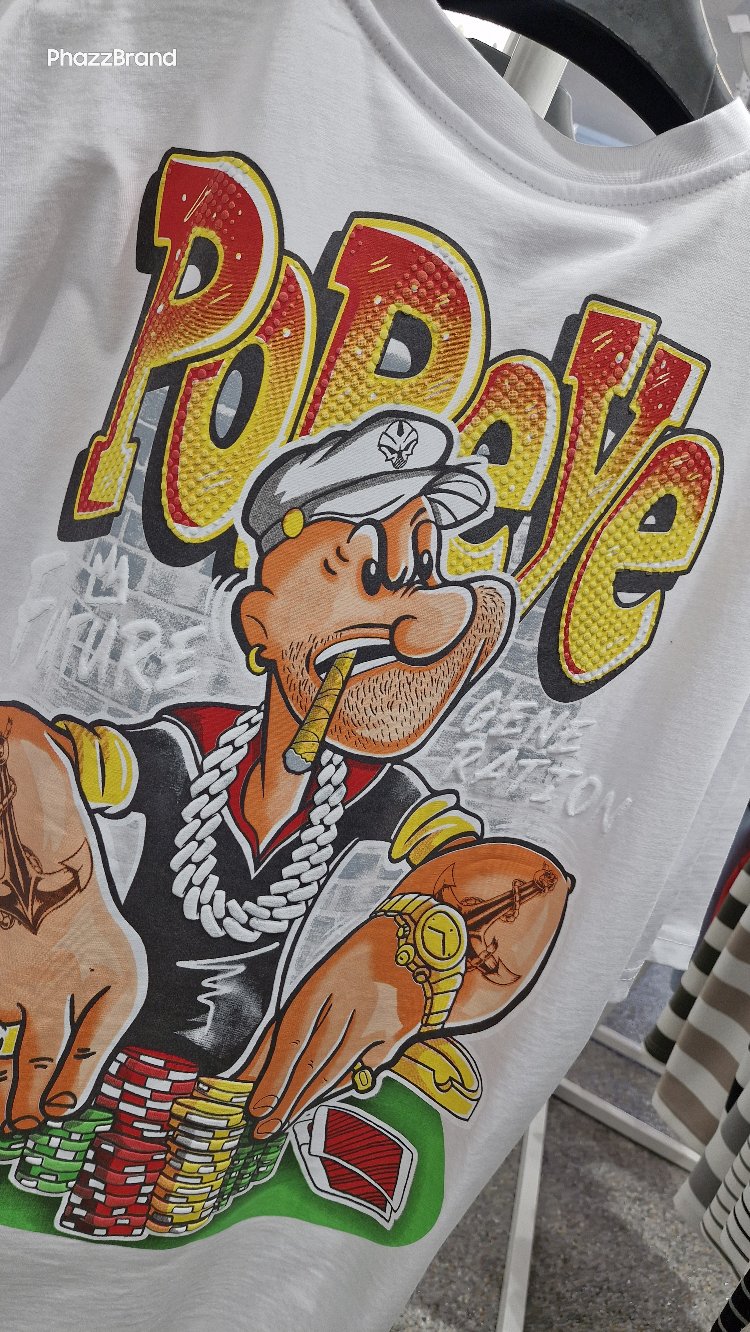 Popeye Poker Grafik Baskılı Oversize Beyaz Tişört