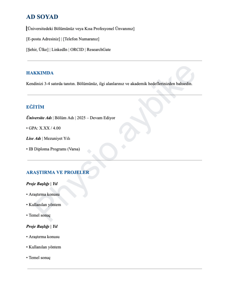 Akademik CV Şablonu 1 | Google Docs Düzenlenebilir
