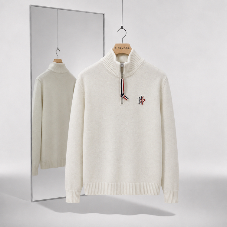Moncler Kalın Örgülü Pamuk Yarım Fermuarlı Triko Kazak