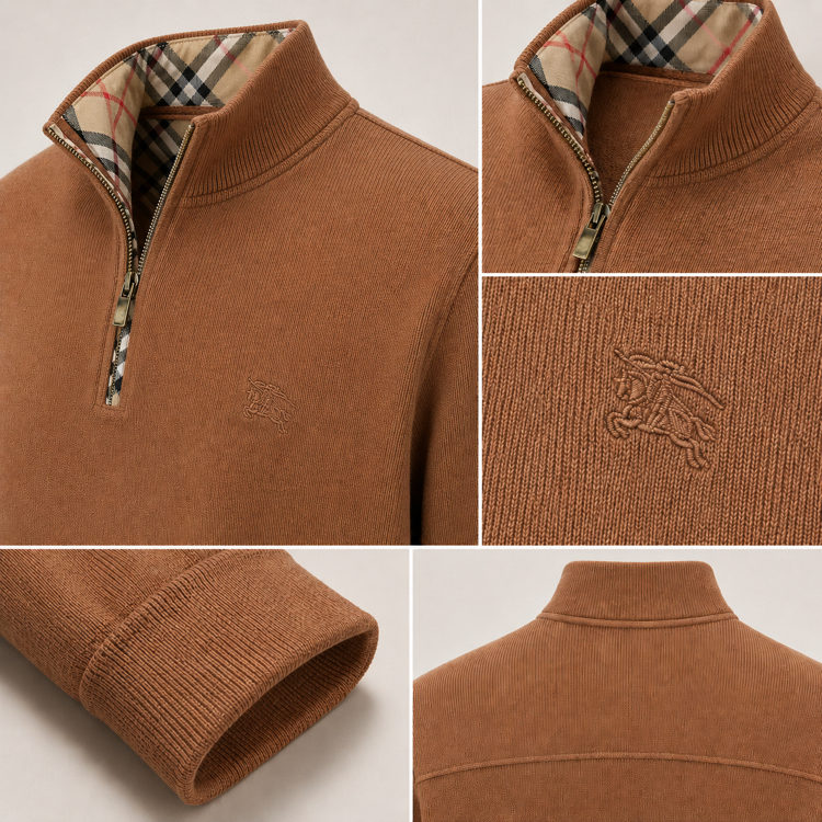 Burberry Selanik Örgülü Pamuk Yarım Fermuarlı Triko Kazak