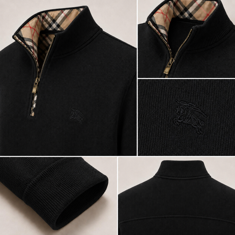 Burberry Selanik Örgülü Pamuk Yarım Fermuarlı Triko Kazak