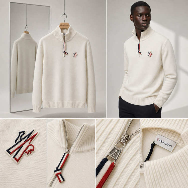 Moncler Kalın Örgülü Pamuk Yarım Fermuarlı Triko Kazak