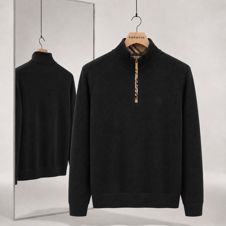 Burberry Selanik Örgülü Pamuk Yarım Fermuarlı Triko Kazak