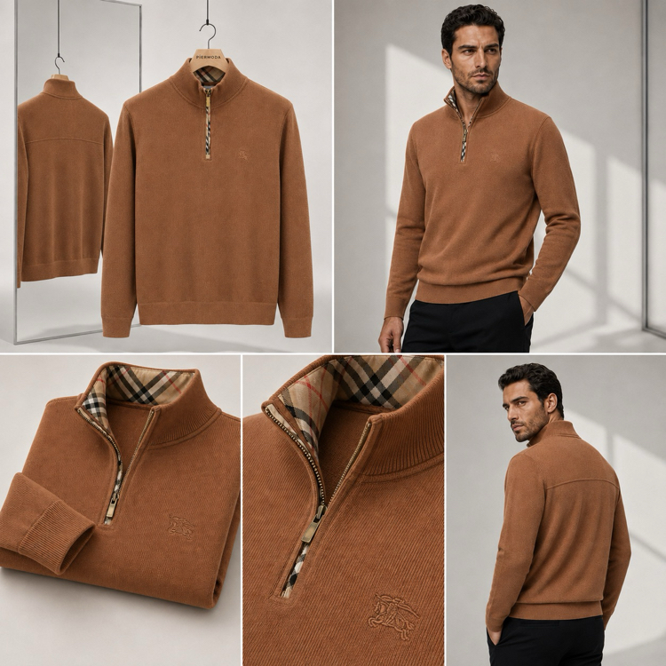 Burberry Selanik Örgülü Pamuk Yarım Fermuarlı Triko Kazak