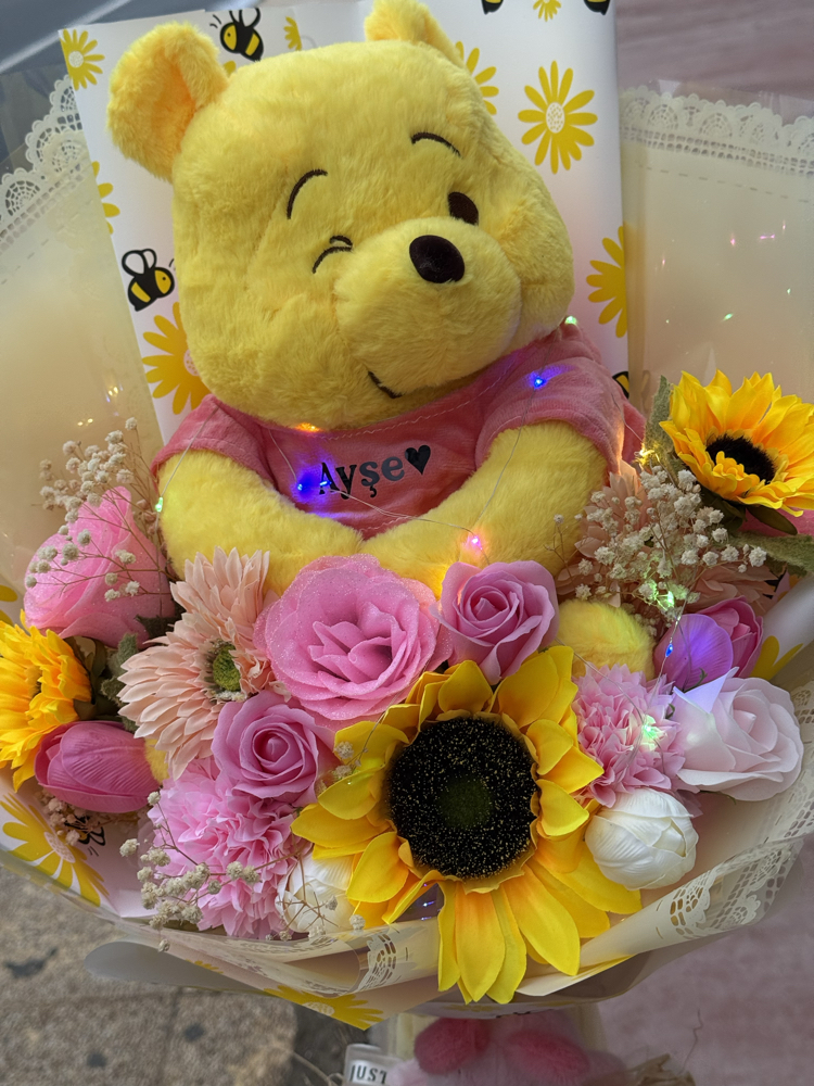 İsim baskılı winnie the pooh buketi özel tasarım led ışıklı 