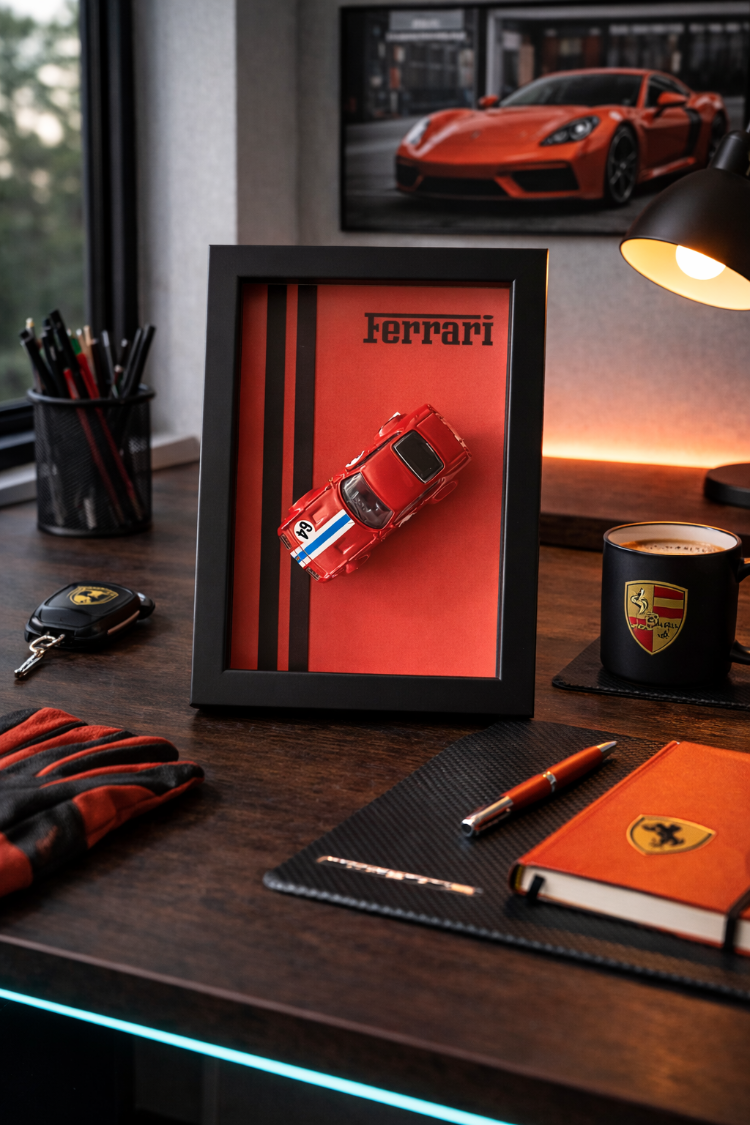 Ferrari Temalı Ahşap Çerçeve Dekor – Masa & Ofis Aksesuarı
