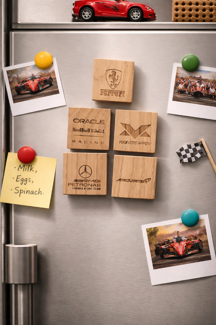 Formula 1 Temalı Ahşap Buzdolabı Magneti – 2’li Seçilebilir Set