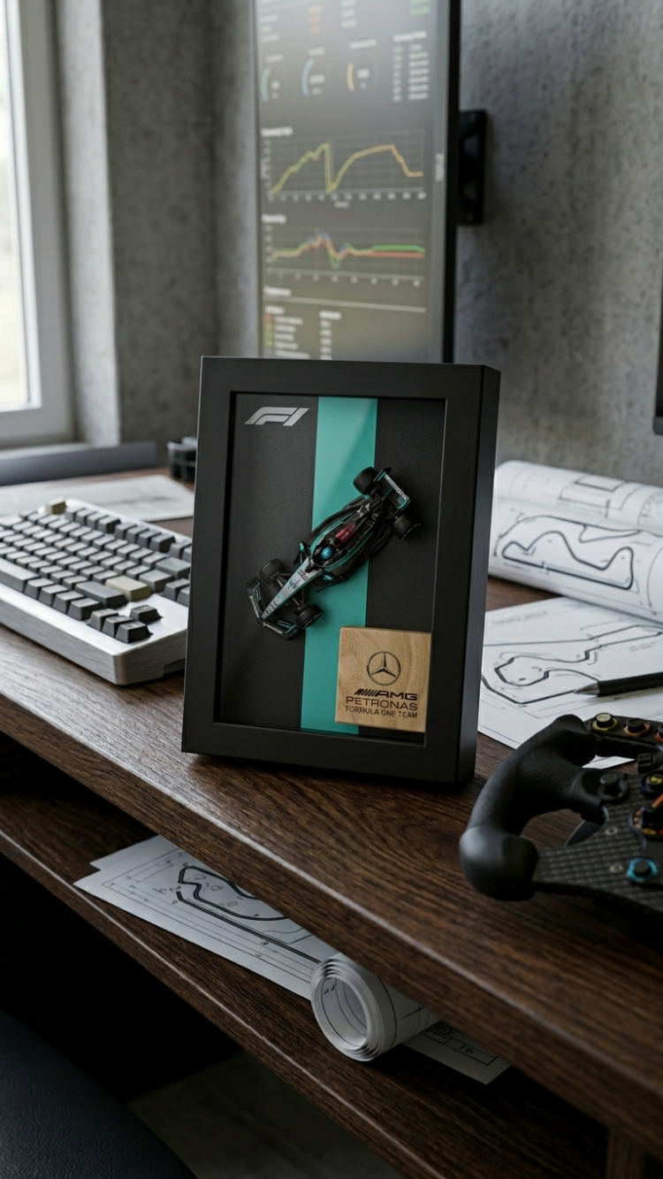 Mercedes F1 2025 George Russell Temalı Ahşap Çerçeve Dekor – Masa & Ofis Aksesuarı