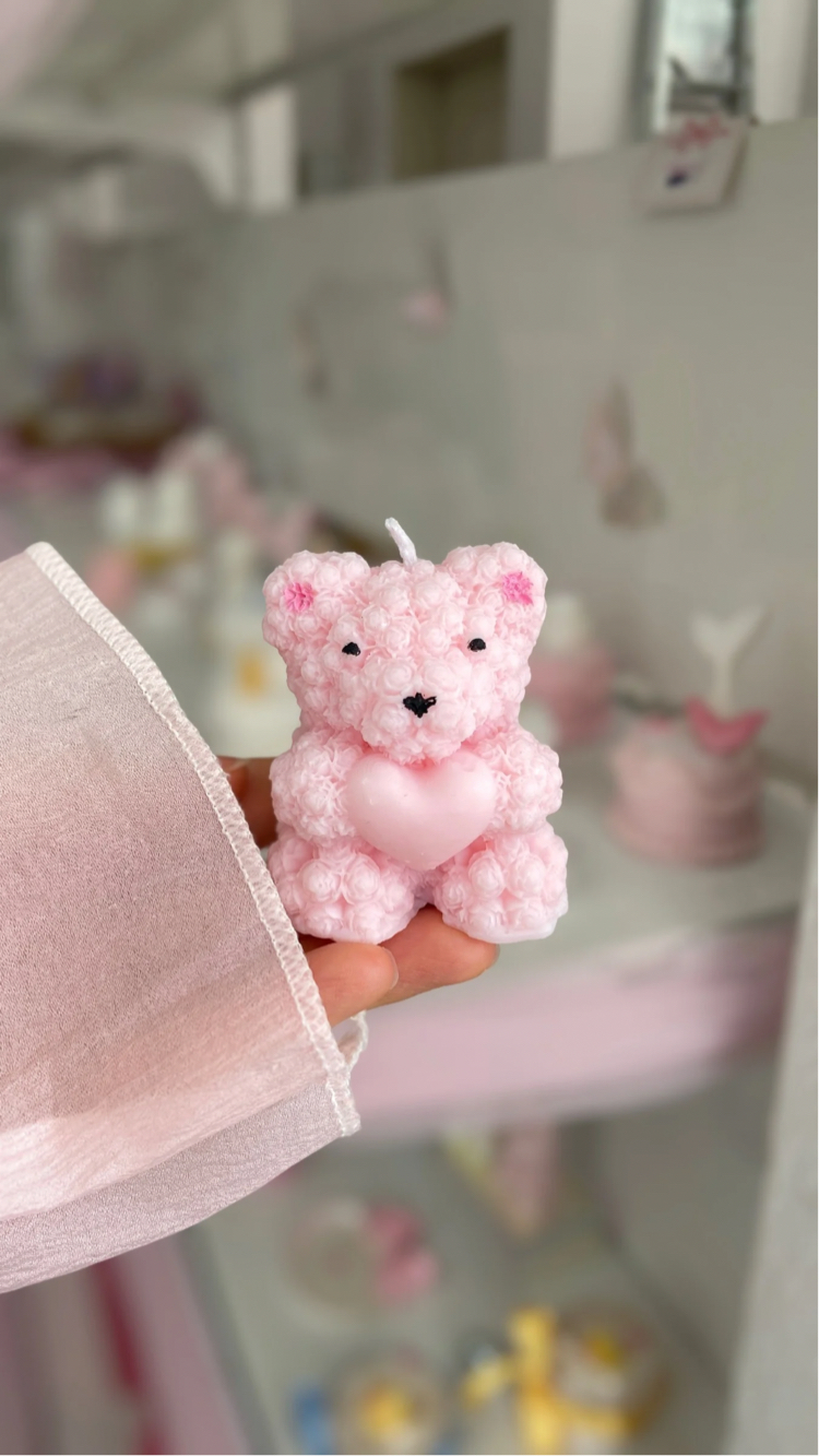Minik Pembe Güllü Ayıcık Mum