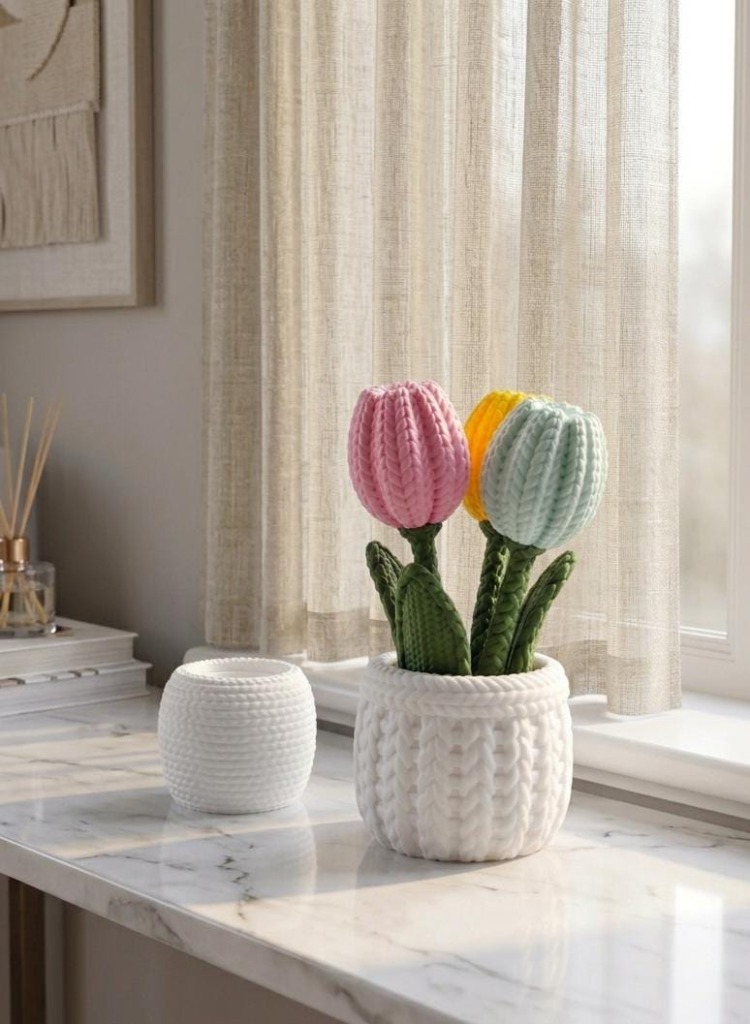Örme Desenli Lale ve Papatya Saksı – Dekoratif & Şık Çiçek Saksısı