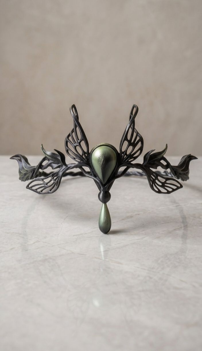 Dark Fairy Taç – Yeşil Taş Detaylı Gotik 3D Baskı Taç