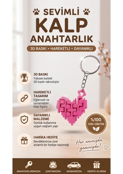 Hareketli Pixel Kalp Anahtarlık - Esnek Tasarım - Pixel Art Stres Oyuncağı - Pembe