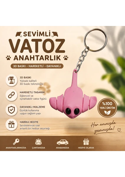 Hareketli Vatoz Figürlü Anahtarlık - Esnek Eklemli Tasarım - Stress Oyuncak - Pembe