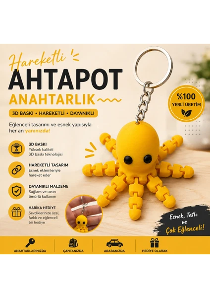 Hareketli Ahtapot Figürlü Anahtarlık - Esnek Eklemli Tasarım - Fidget Stress Oyuncak - Sarı