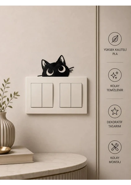 Kedi Dekoratif Duvar ve Priz Süsü - Siyah Minimalist Kedi Figürü - 6x4 cm
