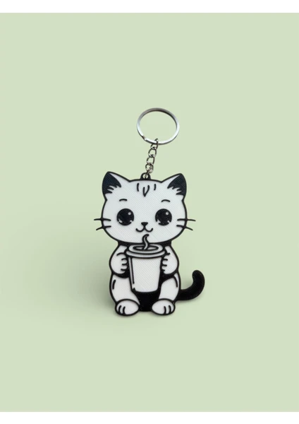 3D Baskı Kahve İçen Sevimli Kedi Anahtarlık – Kawaii Kedi Tasarımlı Dekoratif Anahtarlık