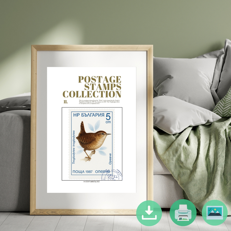 European Wren Stamp Print – Vintage Bulgaria 1987 Postage Stamp – Digital Download Wall Art