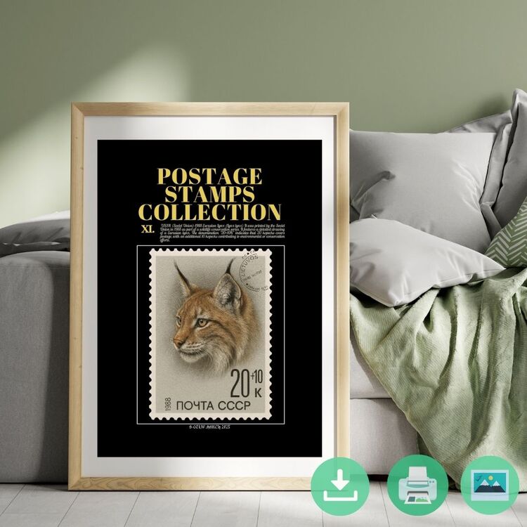 1988 USSR Eurasian Lynx Stamp Poster – Vintage Wildlife Postage Art – Digital Download