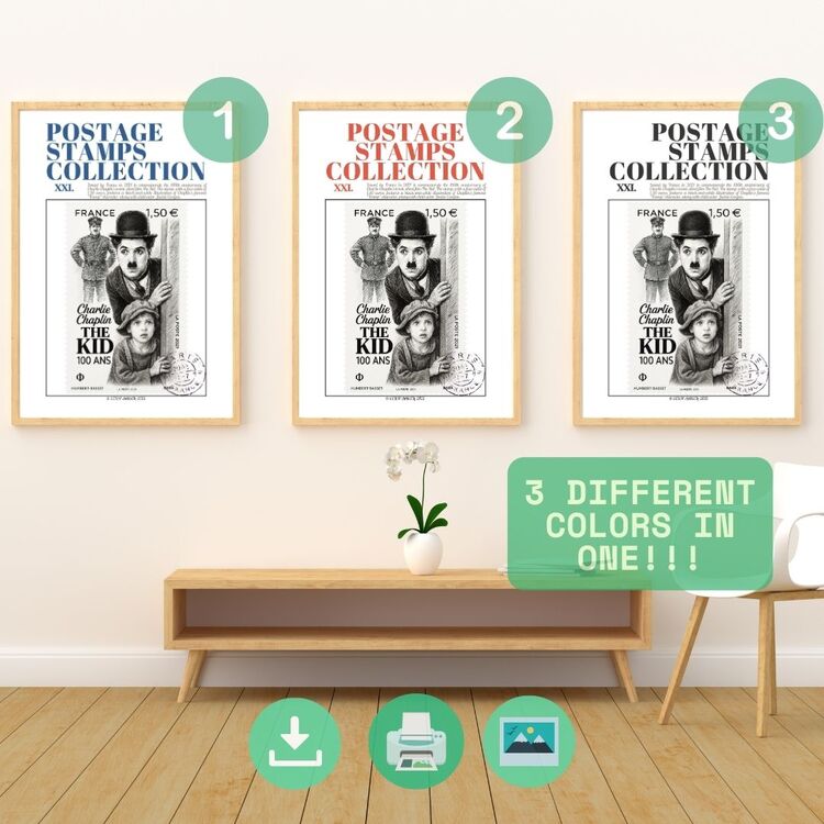 Charlie Chaplin Stamp Poster – The Kid 100th Anniversary – Vintage Style Printable Wall Art