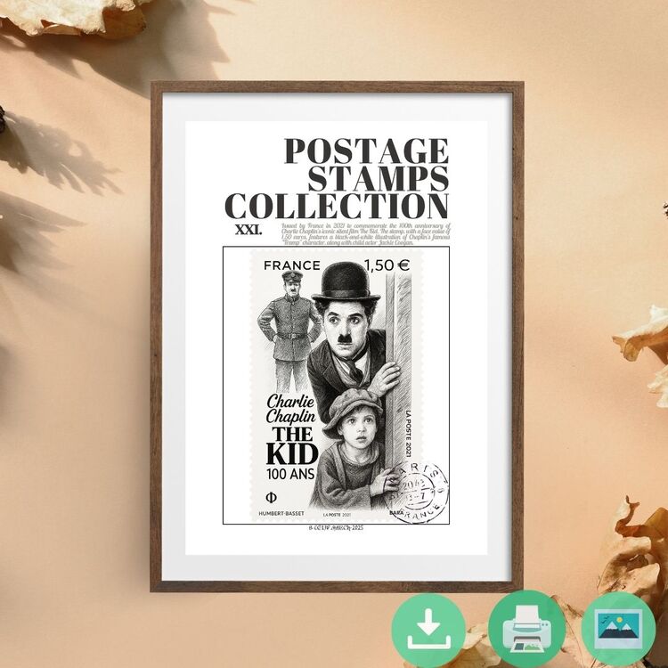 Charlie Chaplin Stamp Poster – The Kid 100th Anniversary – Vintage Style Printable Wall Art