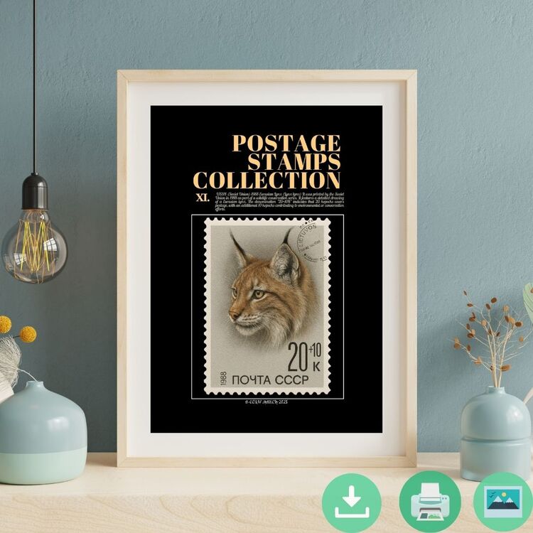 1988 USSR Eurasian Lynx Stamp Poster – Vintage Wildlife Postage Art – Digital Download