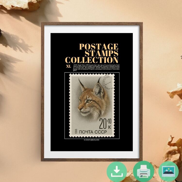 1988 USSR Eurasian Lynx Stamp Poster – Vintage Wildlife Postage Art – Digital Download