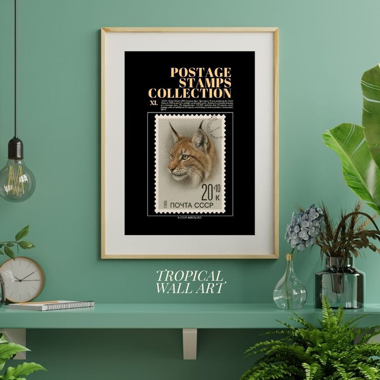 1988 USSR Eurasian Lynx Stamp Poster – Vintage Wildlife Postage Art – Digital Download