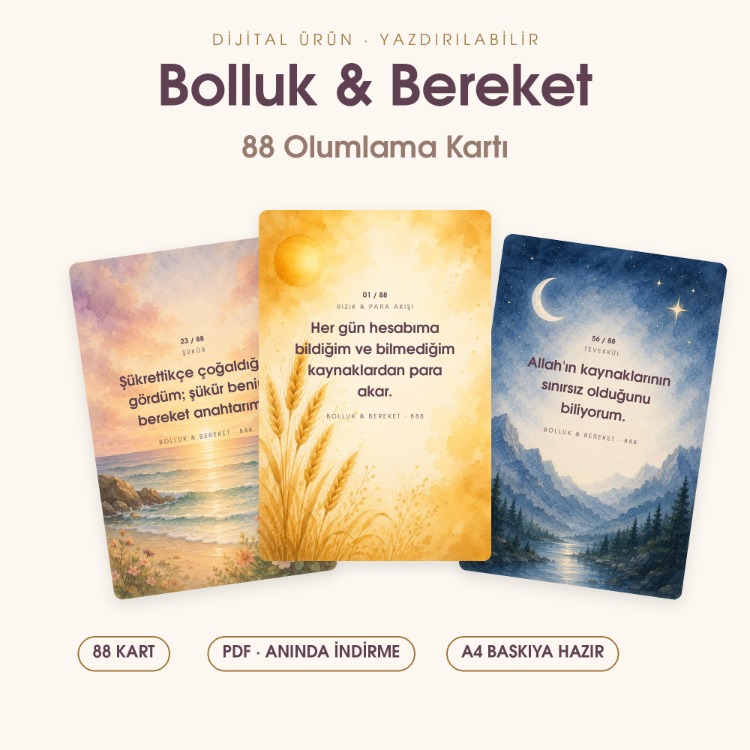 Bolluk & Bereket — 88 Olumlama Kartı | Yazdırılabilir PDF | Sulu Boya Afirmasyon Destesi 