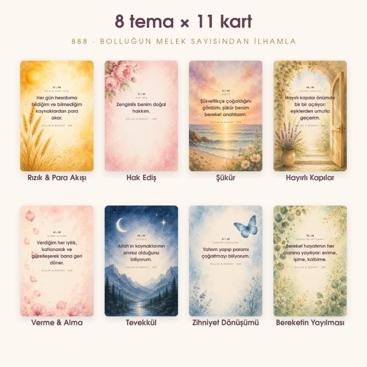 Bolluk & Bereket — 88 Olumlama Kartı | Yazdırılabilir PDF | Sulu Boya Afirmasyon Destesi 
