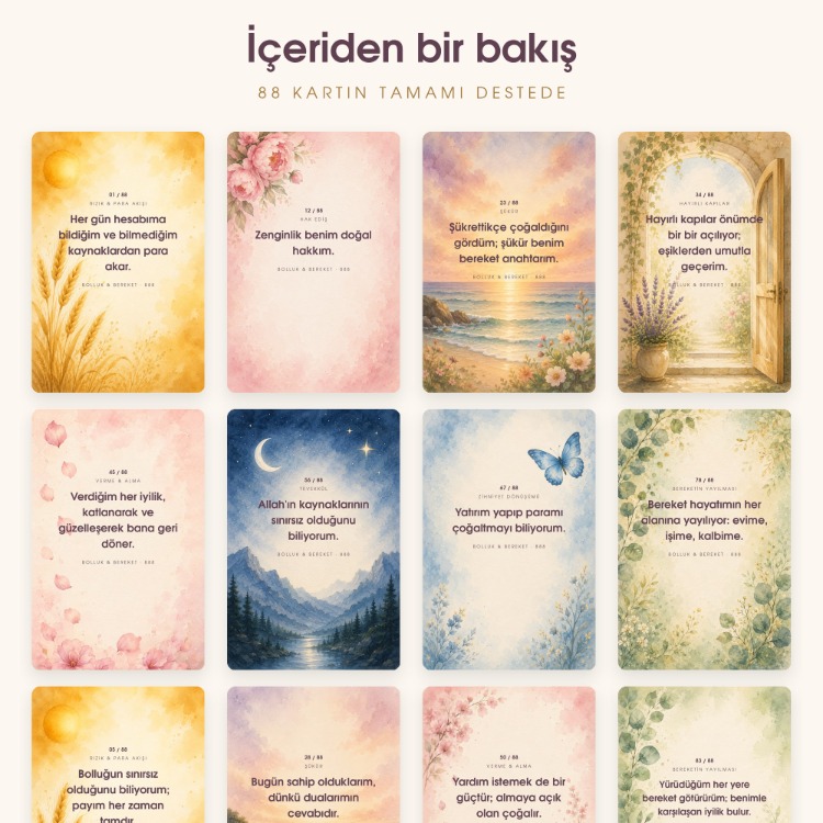 Bolluk & Bereket — 88 Olumlama Kartı | Yazdırılabilir PDF | Sulu Boya Afirmasyon Destesi 