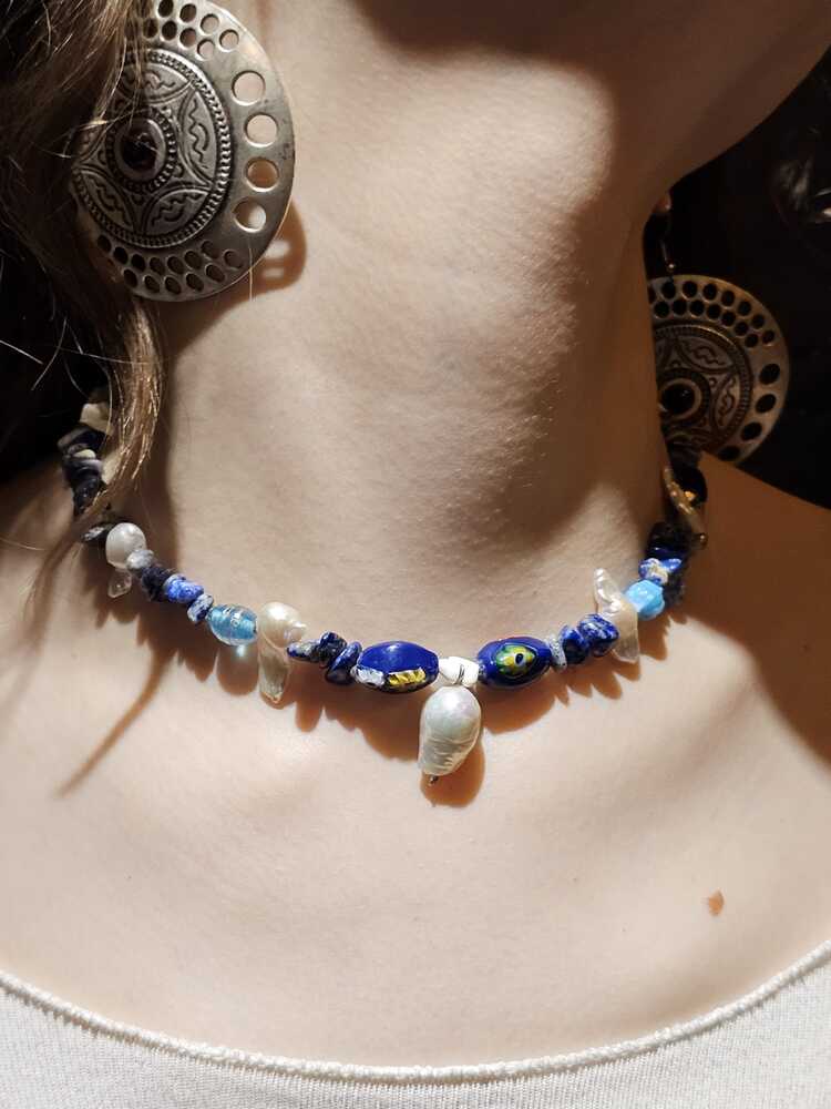 Karışık incili cam boncuklu Lapis lazuli taşlı kolye