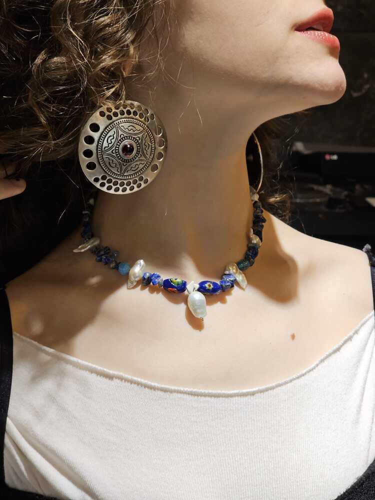 Karışık incili cam boncuklu Lapis lazuli taşlı kolye