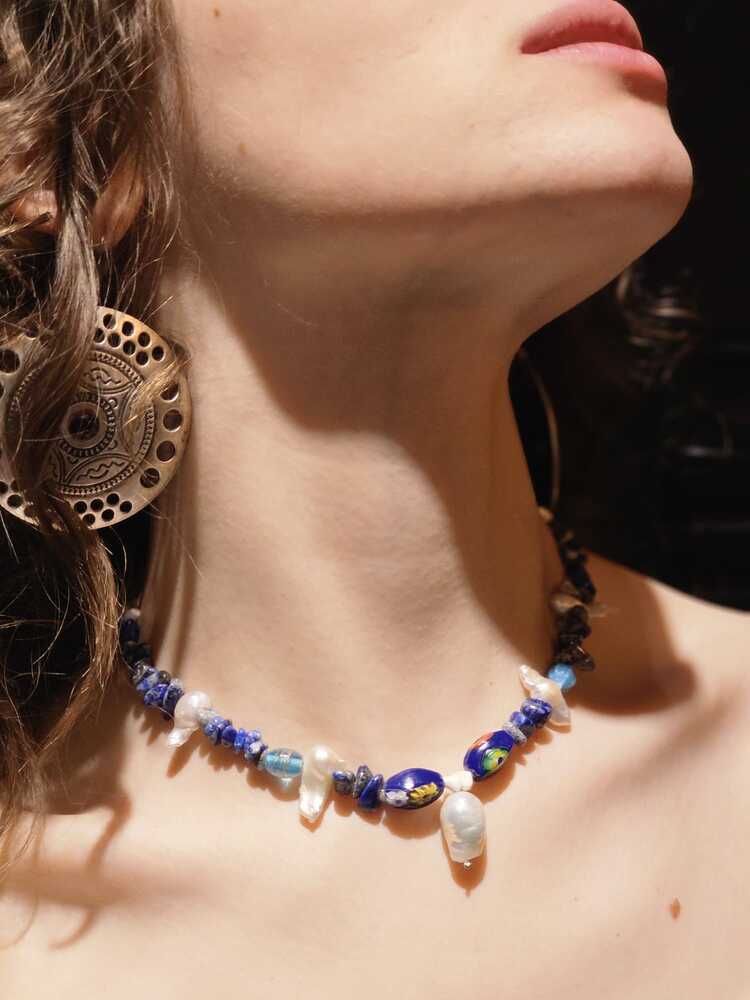 Karışık incili cam boncuklu Lapis lazuli taşlı kolye