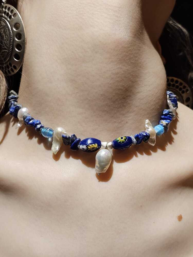 Karışık incili cam boncuklu Lapis lazuli taşlı kolye