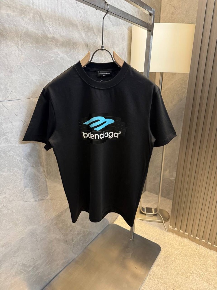 Balenciaga Mavi Logo Baskılı Unisex Siyah Tişört