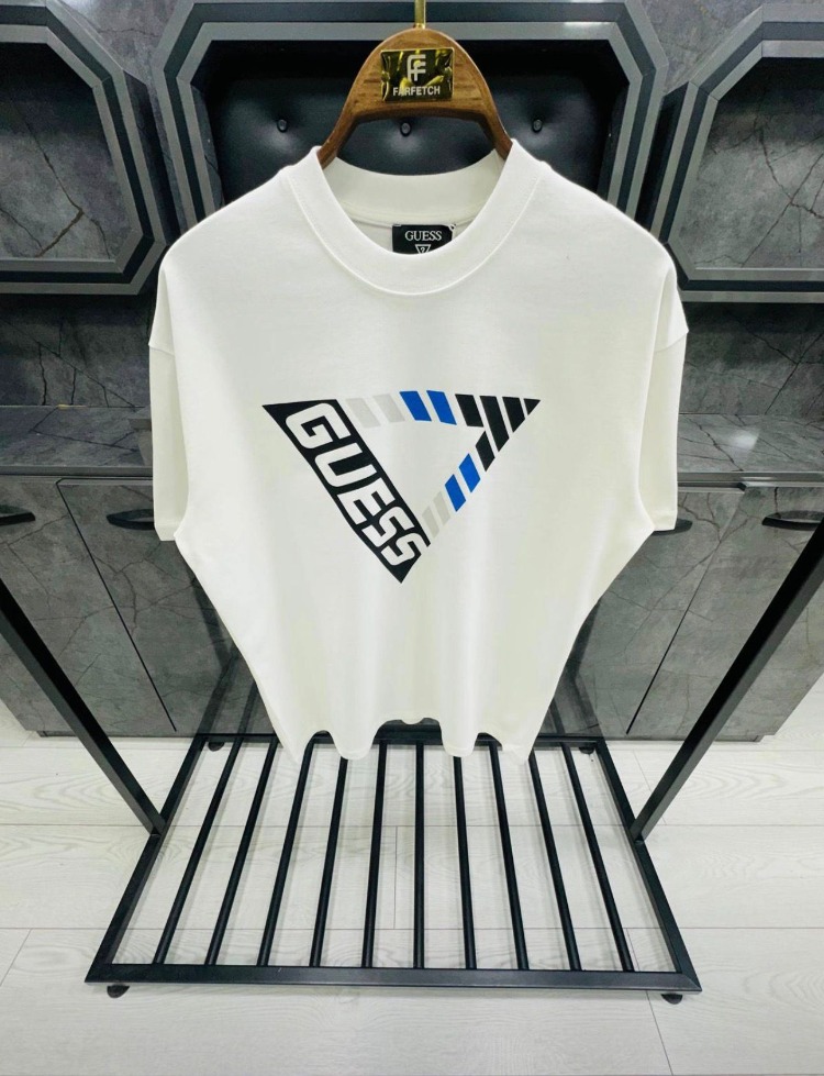 Guess Baskılı Kalın Bisiklet Yaka Oversize Erkek Tişört - Beyaz