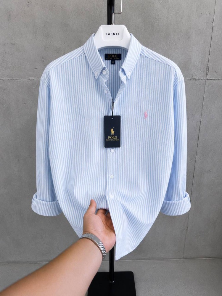Premium Beyaz Çizgili Oversize Erkek Gömlek - Açık Mavi