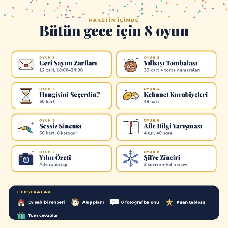 Yılbaşı Aile Oyunları – Tombala, Bilgi Yarışması, 8 Yazdırılabilir Oyun PDF