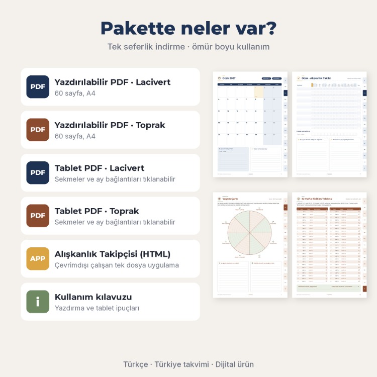 2027 Hedef & Alışkanlık Planlayıcısı | Türkçe PDF, Tablet PDF ve Uygulama