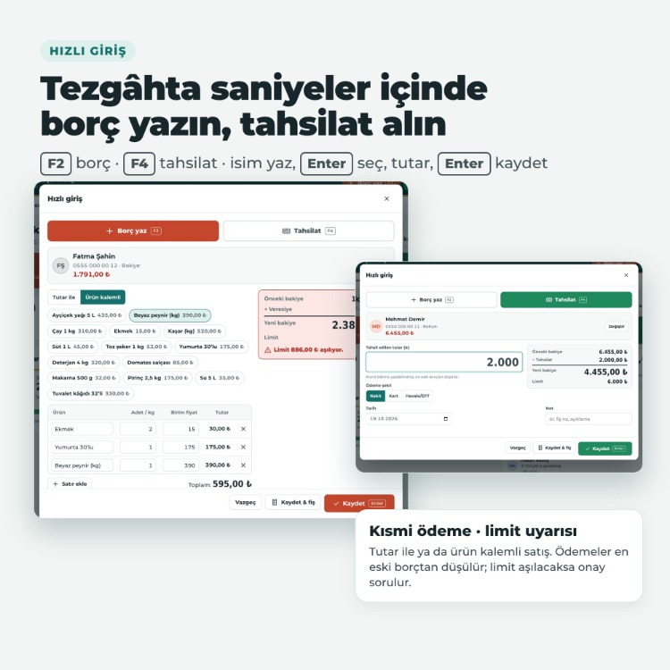 Veresiye Defteri Programı – Cari Hesap, Tahsilat, Vade Takibi | Abonelik Yok