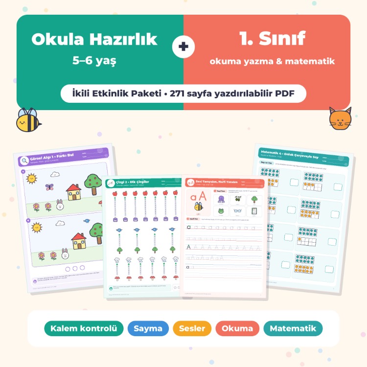 Okula Hazırlık (5–6 Yaş) + 1. Sınıf Okuma Yazma & Matematik İkili Paket (271 s.)
