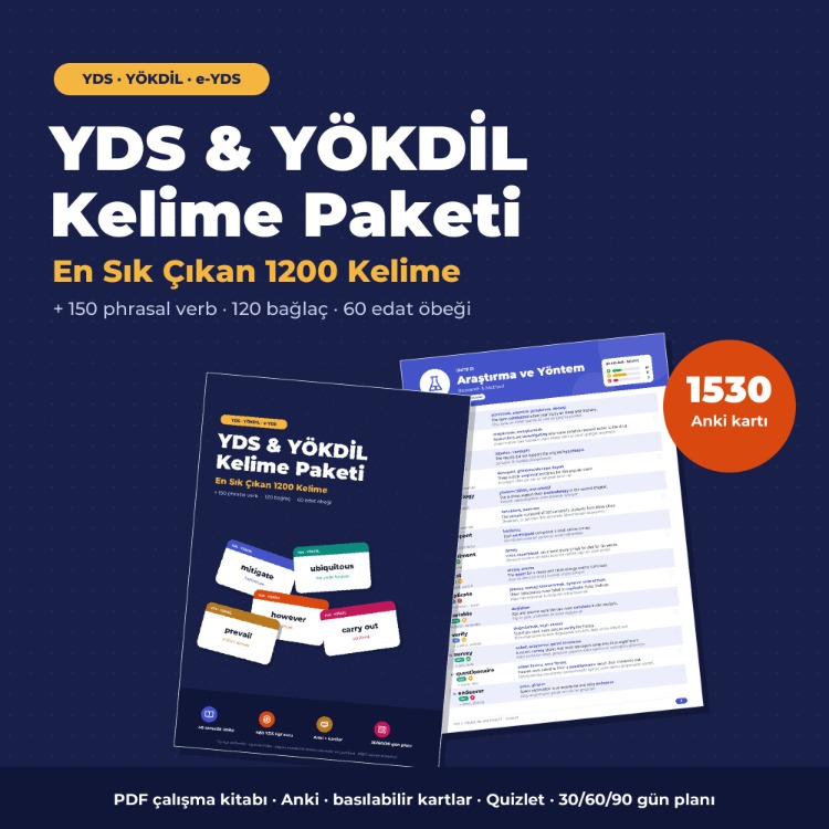 YDS & YÖKDİL Kelime Paketi – En Sık Çıkan 1200 Kelime | PDF Kitap + Anki + Kartlar