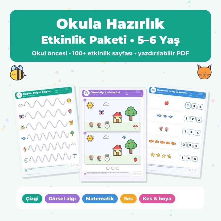 Okula Hazırlık Etkinlik Paketi 5–6 Yaş – Çizgi, Görsel Algı, Erken Matematik (125 s.)