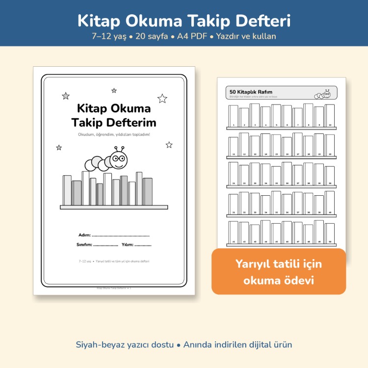 Çocuk Kitap Okuma Takip Defteri 7-12 Yaş | Yarıyıl Tatili Okuma Ödevi PDF