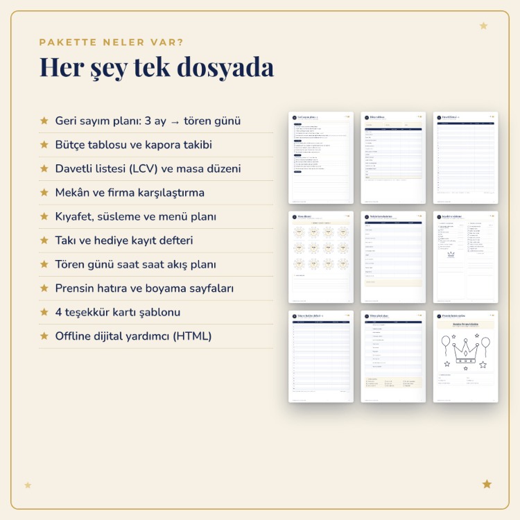 Sünnet Düğünü Planlayıcı - Yazdırılabilir PDF + Davetli, Bütçe, Takı Takibi