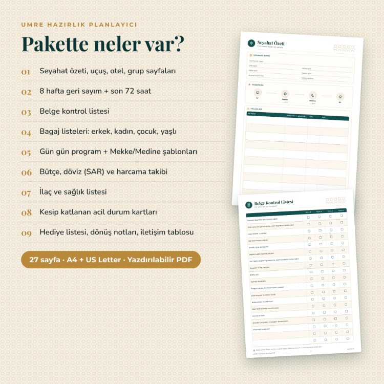 Umre Hazırlık Planlayıcı | 27 Sayfa PDF + Offline Yardımcı | Bagaj, Belge, Harcama