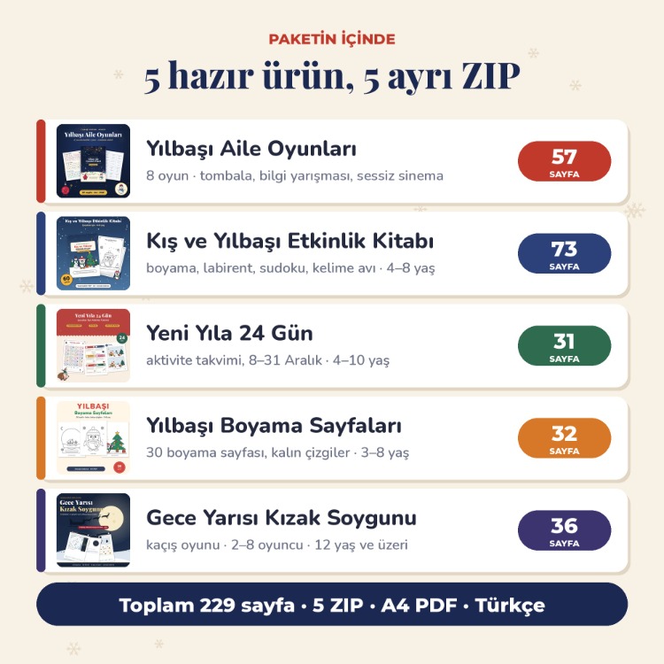 Yılbaşı Mega Paketi – 5 ürün bir arada, 229 sayfa oyun ve etkinlik PDF