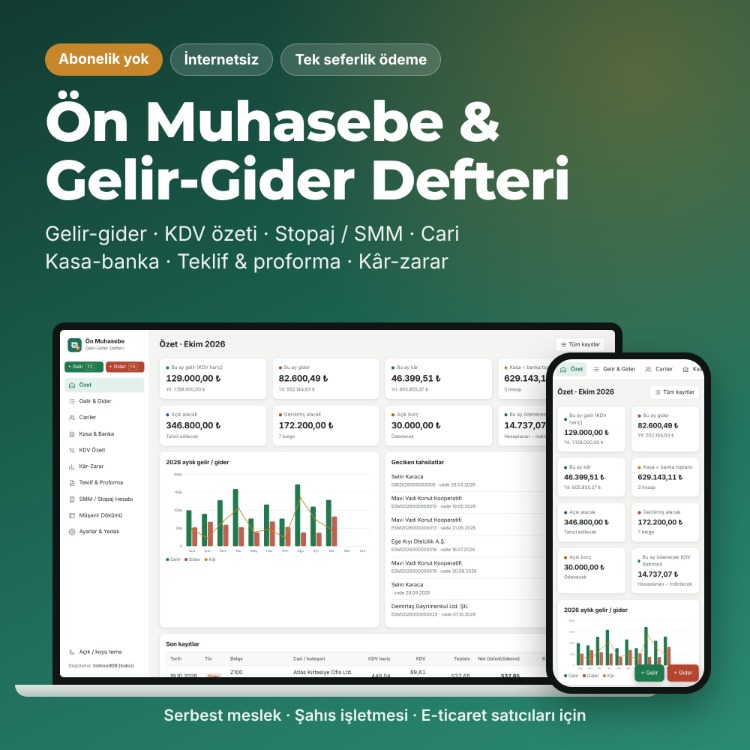 Ön Muhasebe Programı - Gelir Gider, KDV, Stopaj, Teklif | Abonelik Yok