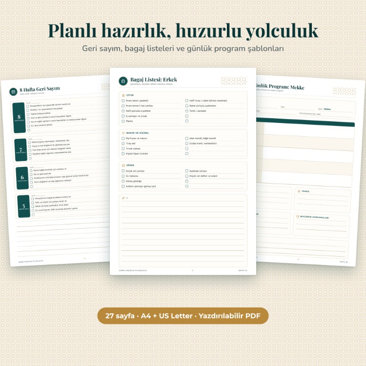 Umre Hazırlık Planlayıcı | 27 Sayfa PDF + Offline Yardımcı | Bagaj, Belge, Harcama