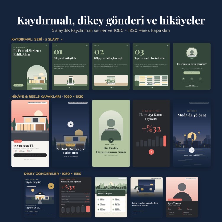 Emlakçı Sosyal Medya Şablon Paketi – 60 Düzenlenebilir Instagram Gönderi ve Hikâye